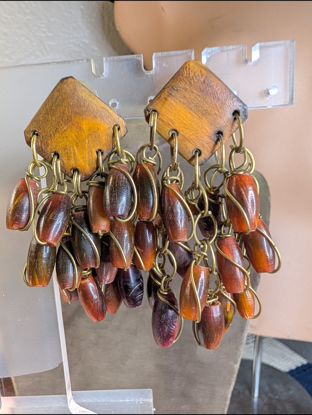 Chunky Wooden Dangle Earrings With Brown And Amber Tone Bakelite Beads